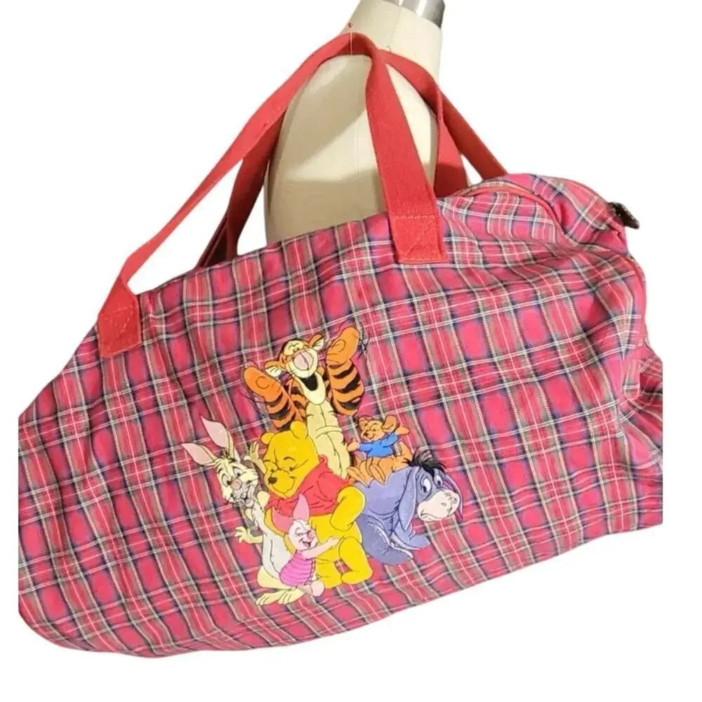 Vintage 90s Disney Store Winnie The Pooh & Friends Red Plaid Duffle Bag Large